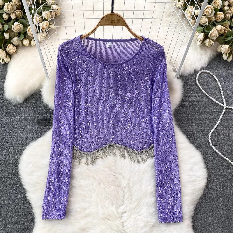 Fashionable sexy long-sleeved round neck sequins tassel T-shirt women's fashionable short top        S4217