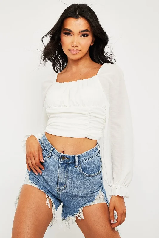 White Crepe Ruched Panel Crop Top - Laurie