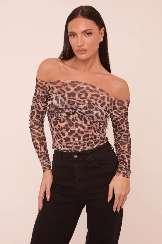 Brown Leopard Print Mesh Bardot Long Sleeves Cropped Top - Mahalie