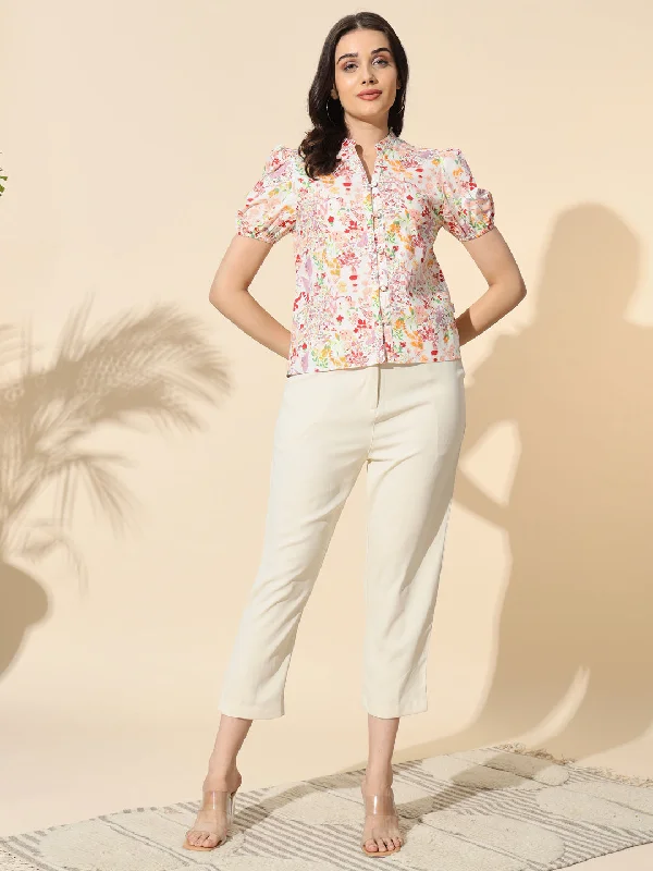 Printed Cotton Poplin Top With Puff Sleeve