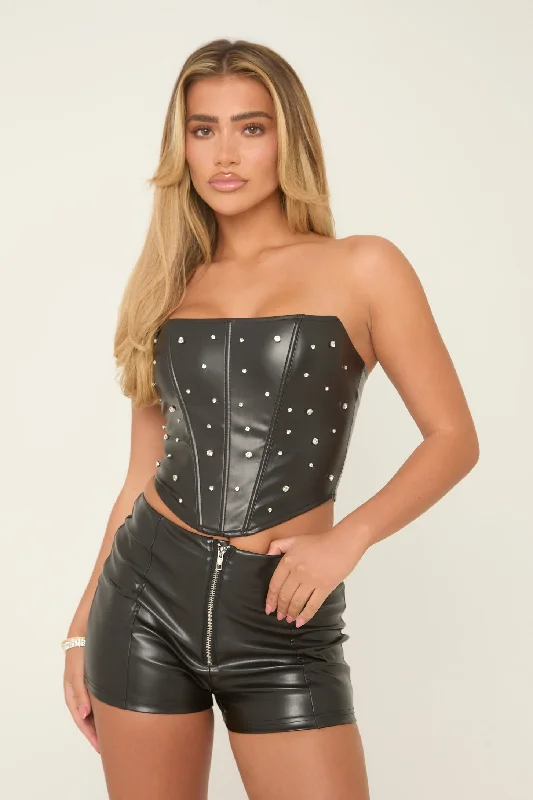 Black Embellished Faux Leather Corset - Victoria