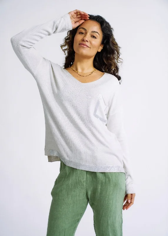 Italian Stonewashed V Neck Knit with Shimmer Pocket in Taupe