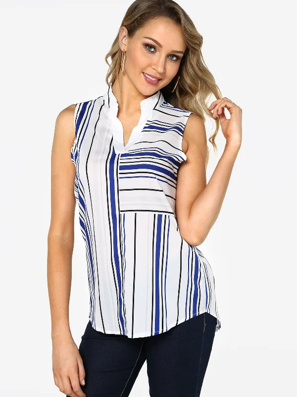 Custom V-Neck Lapel Collar Stripe Sleeveless Curved Hem Blue Camis