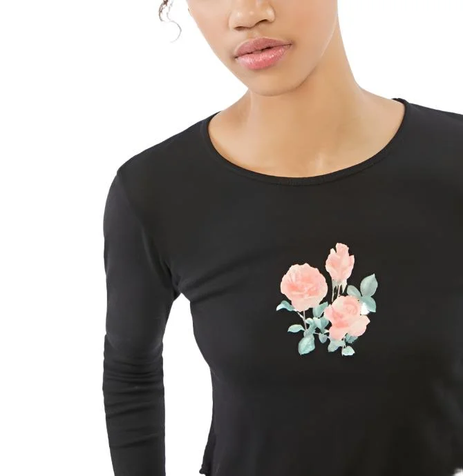 TMD Black Floral Long Sleeve Crop