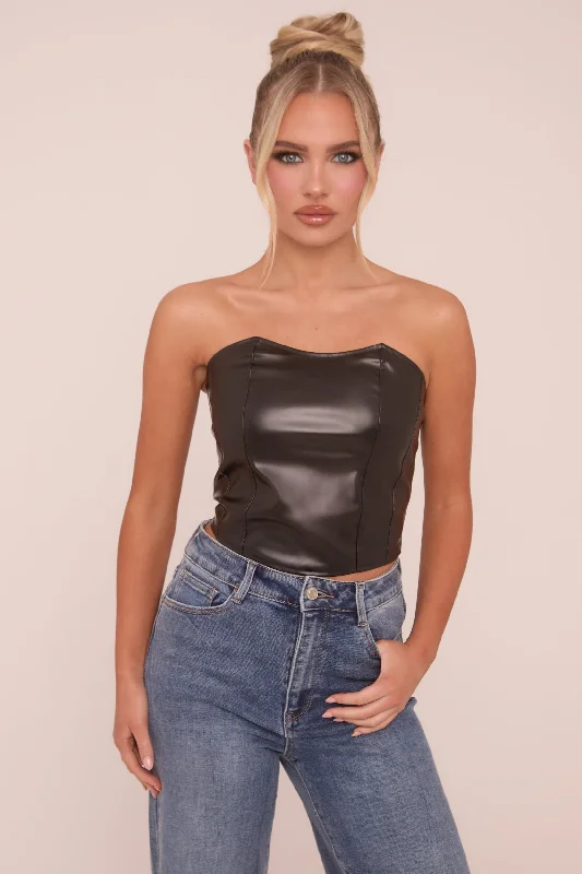 Black Faux Leather Corset Detail Crop Top - Lorene