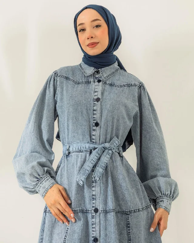 Daily Deals Full Button-Front Belted Denim Maxi Dress