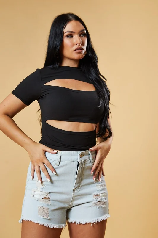 Black Cut Out Front Short Sleeve Top - Nayla