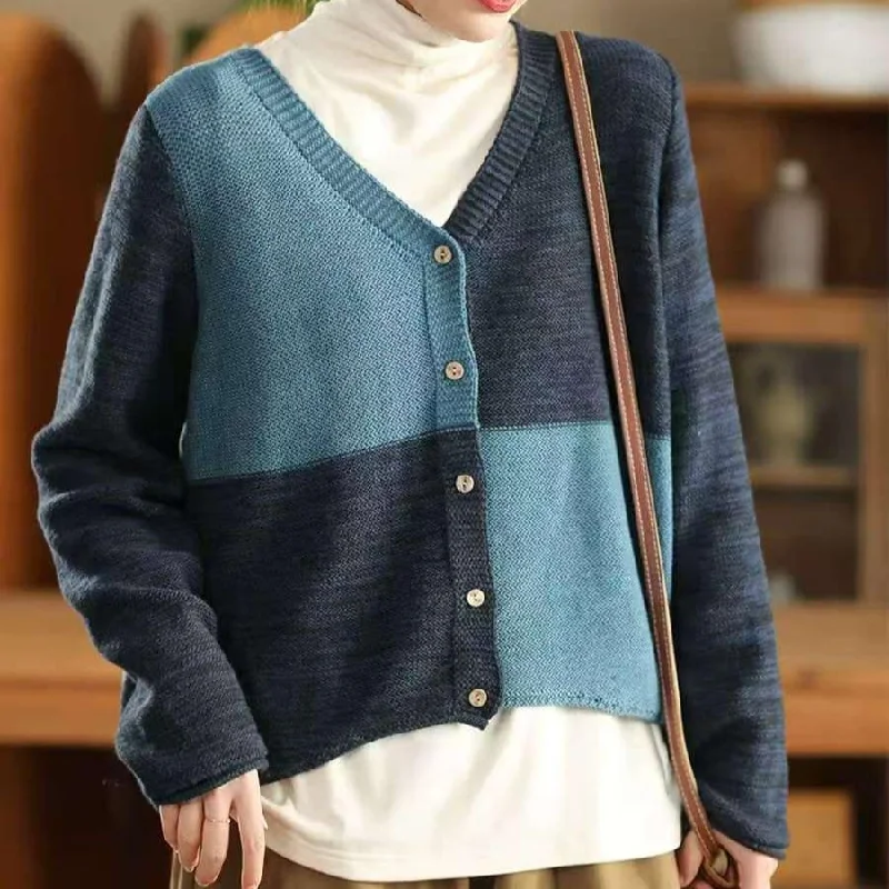 Women Winter Vintage V-Neck Colorblock Cotton Wool Sweater