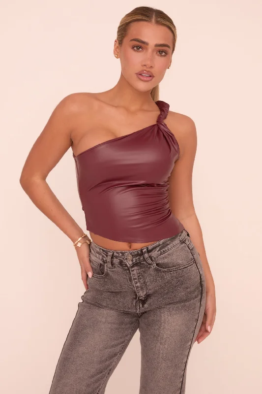 Wine Twist One Shoulder Faux Leather Top - Arthur