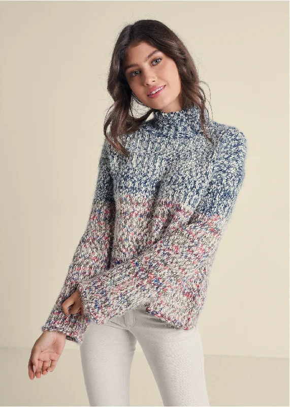 Grand Opening Sale Marled Colorblock Turtleneck Sweater - Blue Multi
