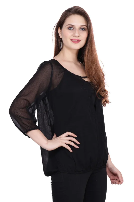 Black Solid Top with Front & Back Slits