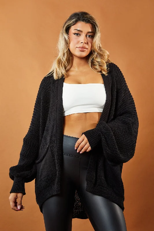 Black Slouchy Knit Edge To Edge Cardigan - Misty