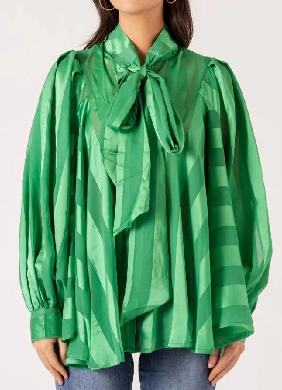 GREEN CHIFFON STRIPED PUSSYBOW BLOUSE