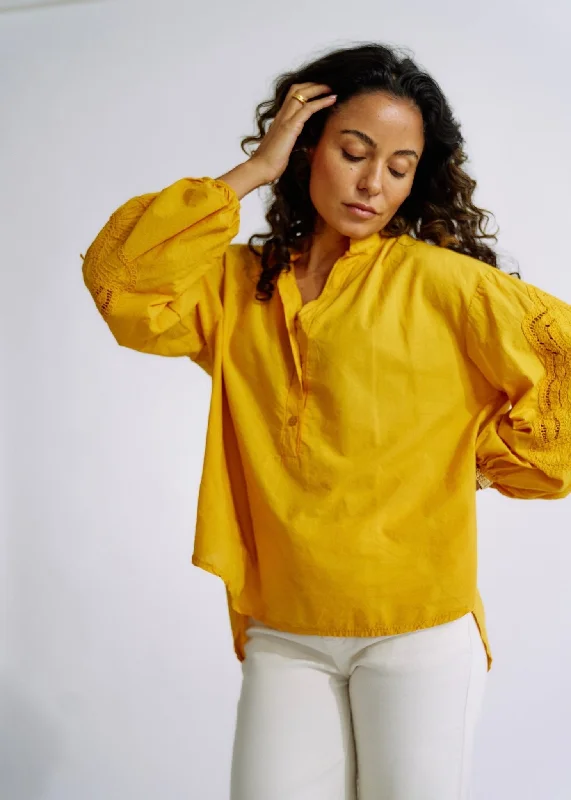 Italian Cotton Blouse with Embroidered Sleeves in Mustard