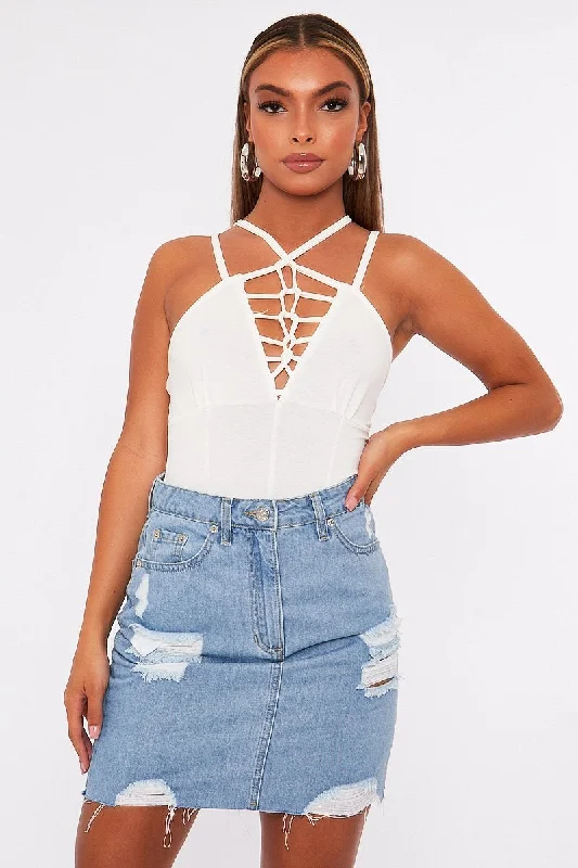 White Lace Up Front Bodysuit - Gea