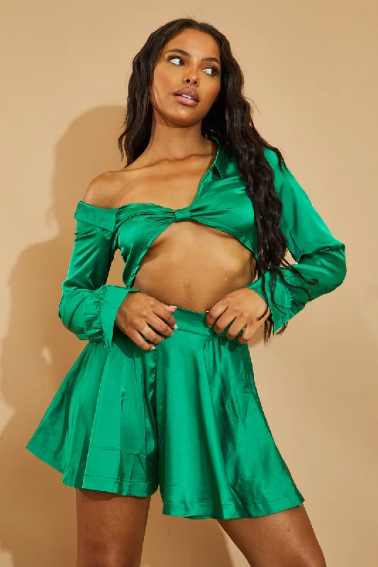 Green Satin Plunge Neck Crop Top - Esther