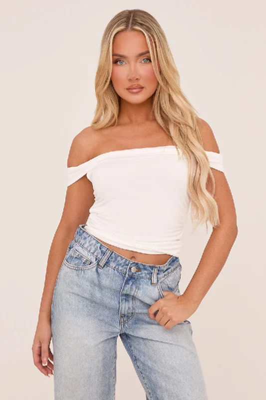 White Slinky Jersey Ruched Bardot Top - Lisa