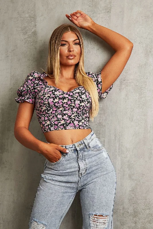 Black Purple Floral Corset Crop Top - Ferne