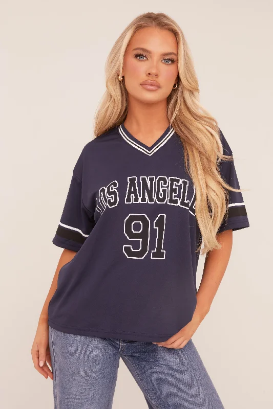 Navy Oversized Varsity Football T-shirt - Austin