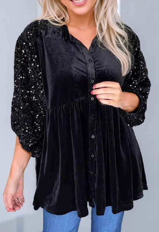 Black Velvet Sequin Sleeve Button Down Top