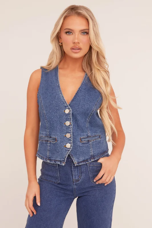 Mid Blue Button Up Denim Waistcoat - Angelica