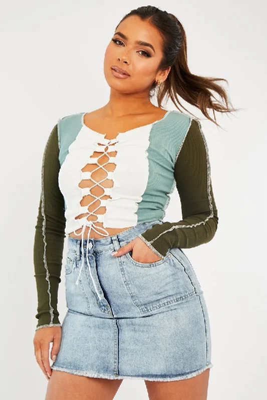 Khaki Colour Block Lace Up Front Crop Top - Bella