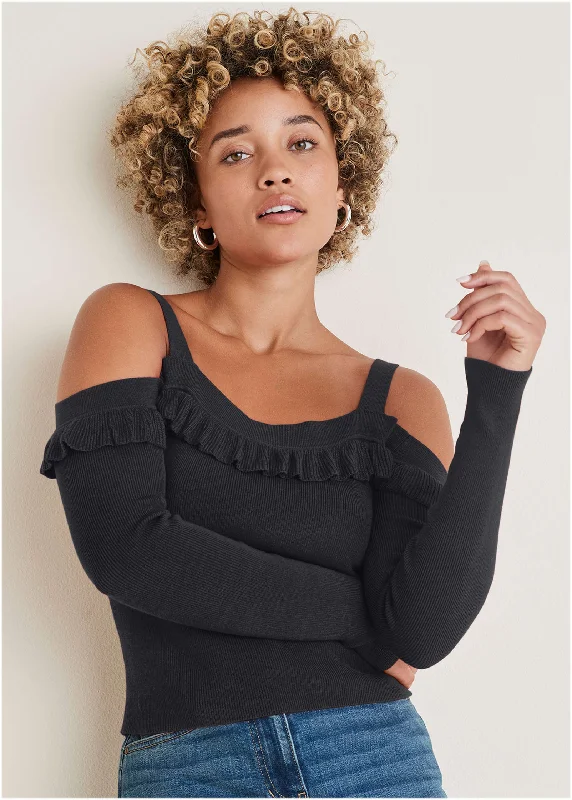 Weekend Discounts to Enjoy Cold Shoulder Ruffle Top - Black